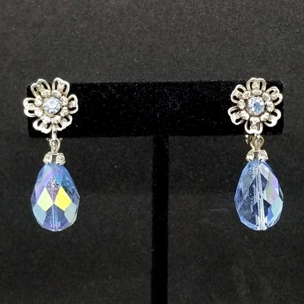 Blue aurora borealis crystal drop clip-on earrings